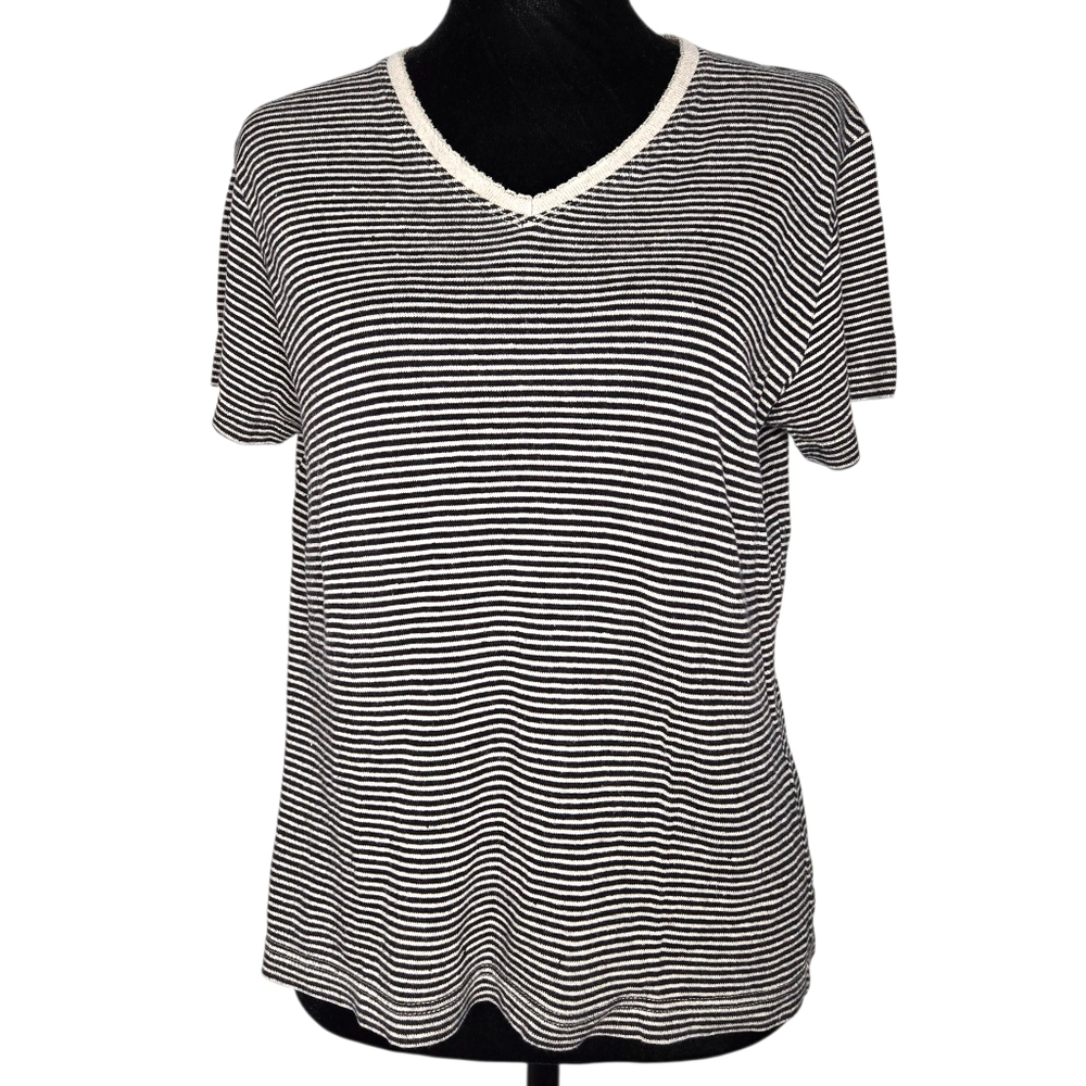 Rafaella Y2K Linen Blend Striped T-Shirt Size SP Black Tan V-Neck Comfy Casual